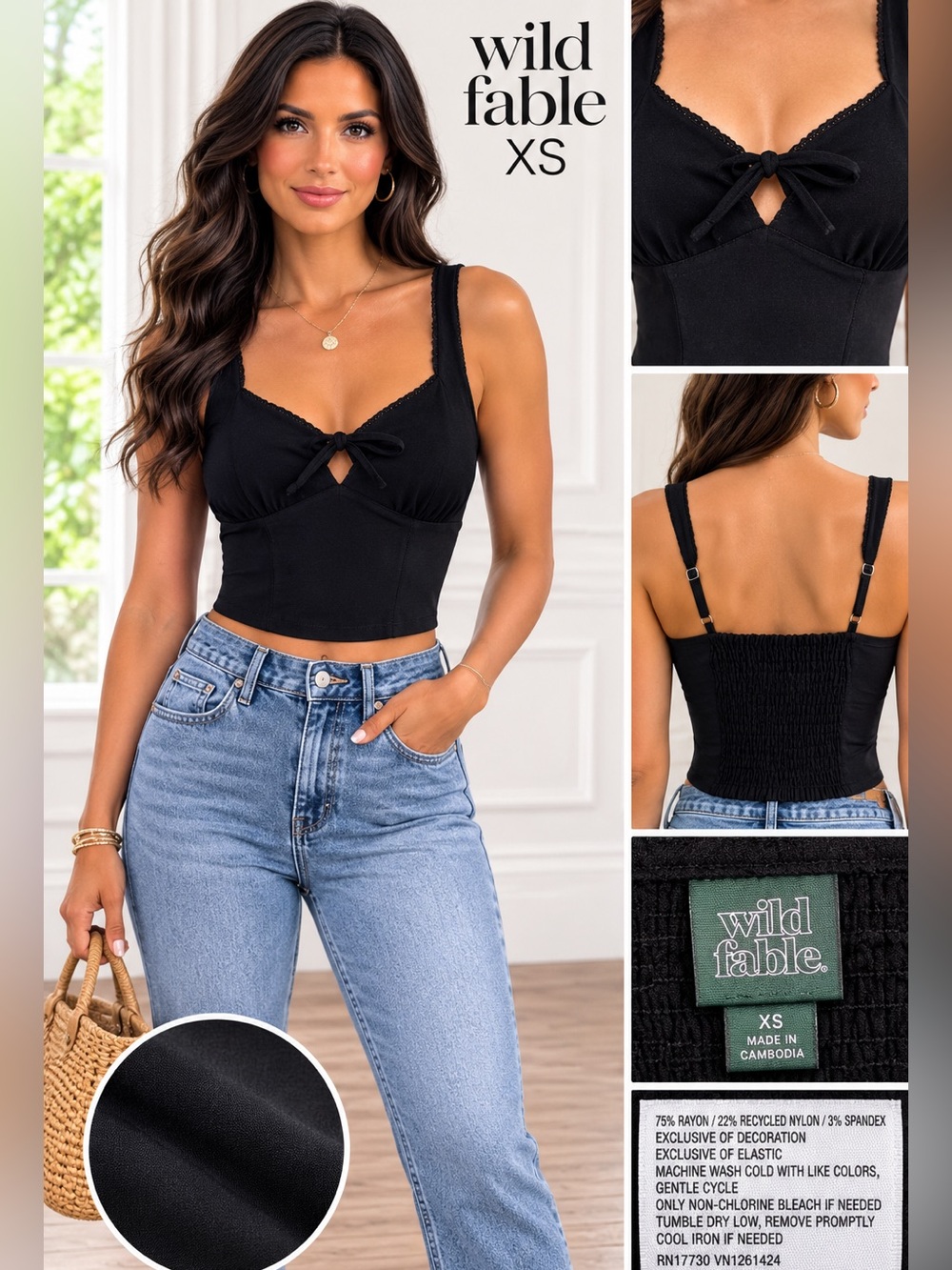 Wild Fable XS Black Tie Front Crop Cami Sweetheart Smocked Back Top